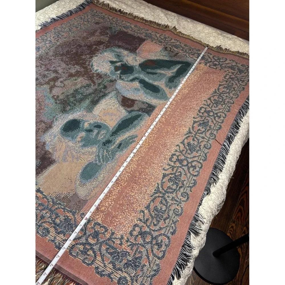 Vintage Raphael Cherub Woven Tapestry Throw Blanket Multicolor Fringed EUC